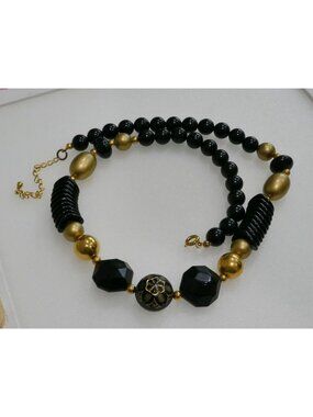 Vintage 80s Chunky Black & Gold Beaded Necklace - Retro Statement Choker